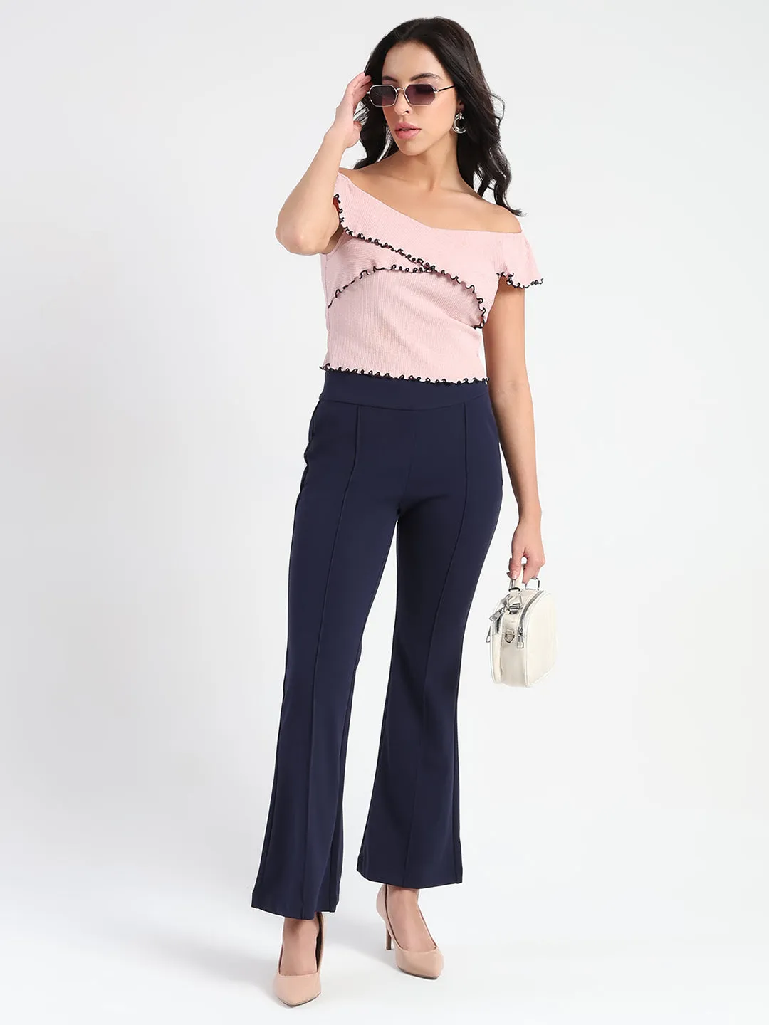 Quick Conversion Hem Cozy Material Madame Side Zipper Flared Navy Blue Knitted Moss Trousers