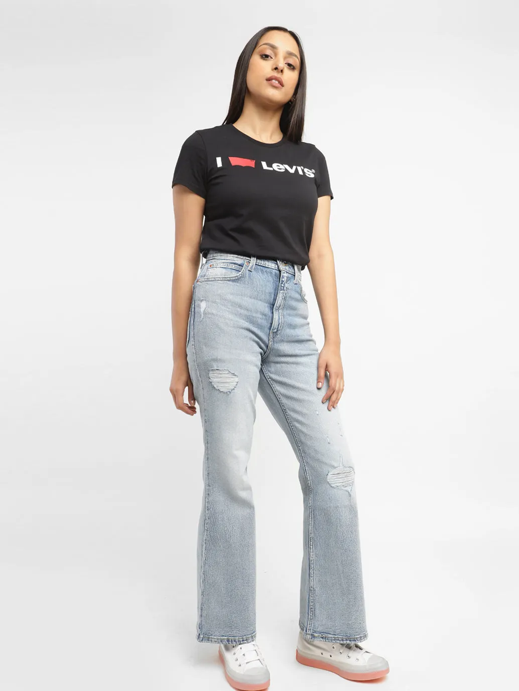 Women's 70s Blue Flared Fit High Rise Jeans Essential Look