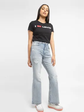 Women's 70s Blue Flared Fit High Rise Jeans Textured Versatile Shopping Day Faded Wash