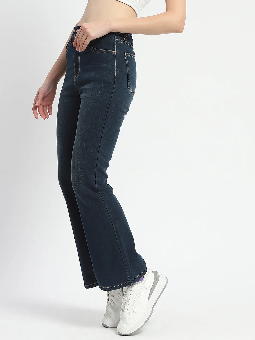 Madame Stone Wash Flared Blue Cotton Denim Neutral Base Student Outfit Work Ready