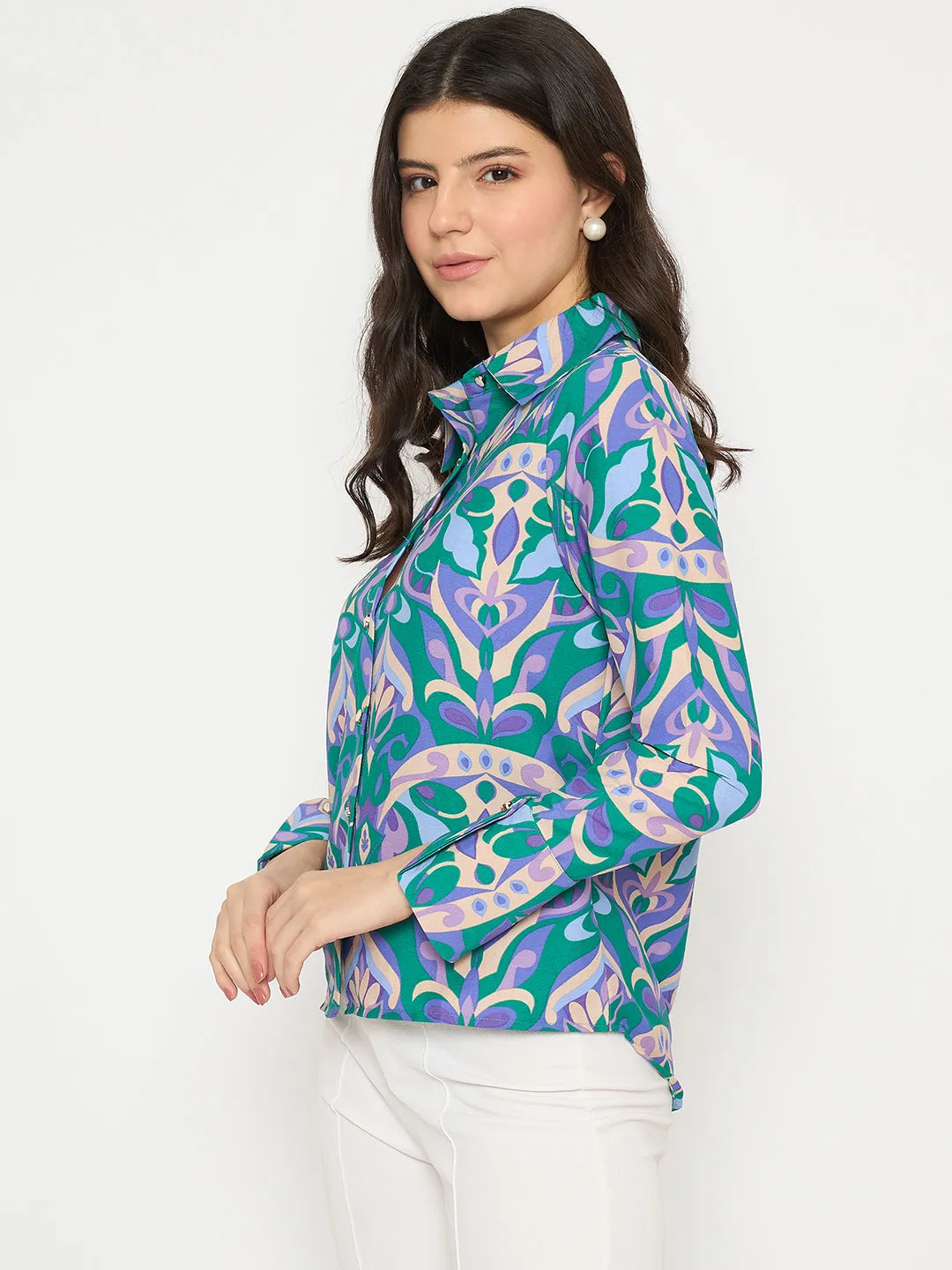 Madame All Over Print Full Sleeve Green Shirt Versatile Design Fitted Design