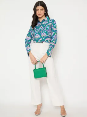Madame All Over Print Full Sleeve Green Shirt Sophisticated Look