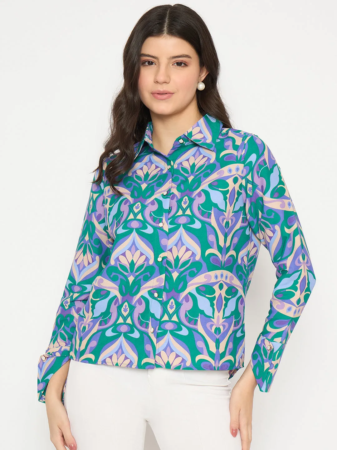 Reinforced Collar Madame All Over Print Full Sleeve Green Shirt