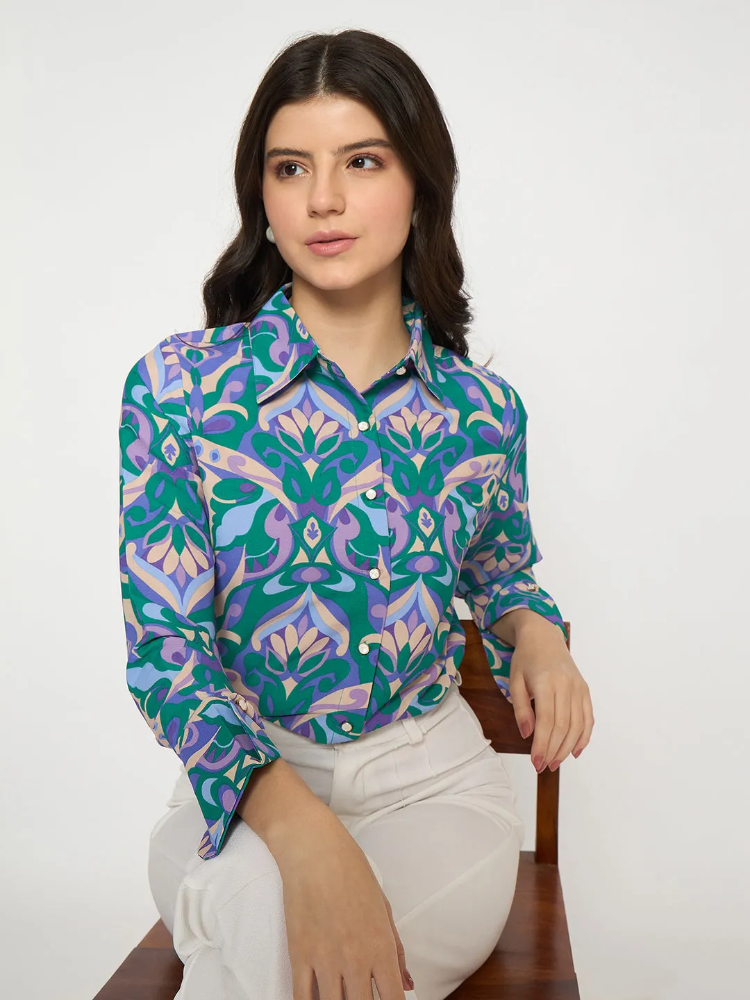 Madame All Over Print Full Sleeve Green Shirt Cocktail Event Stretchy Cloth