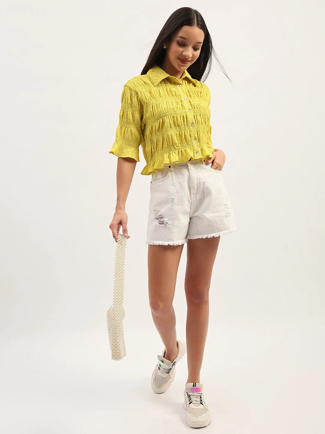 Multipocket Style Madame Pleated Detailing Solid Lime Shirt