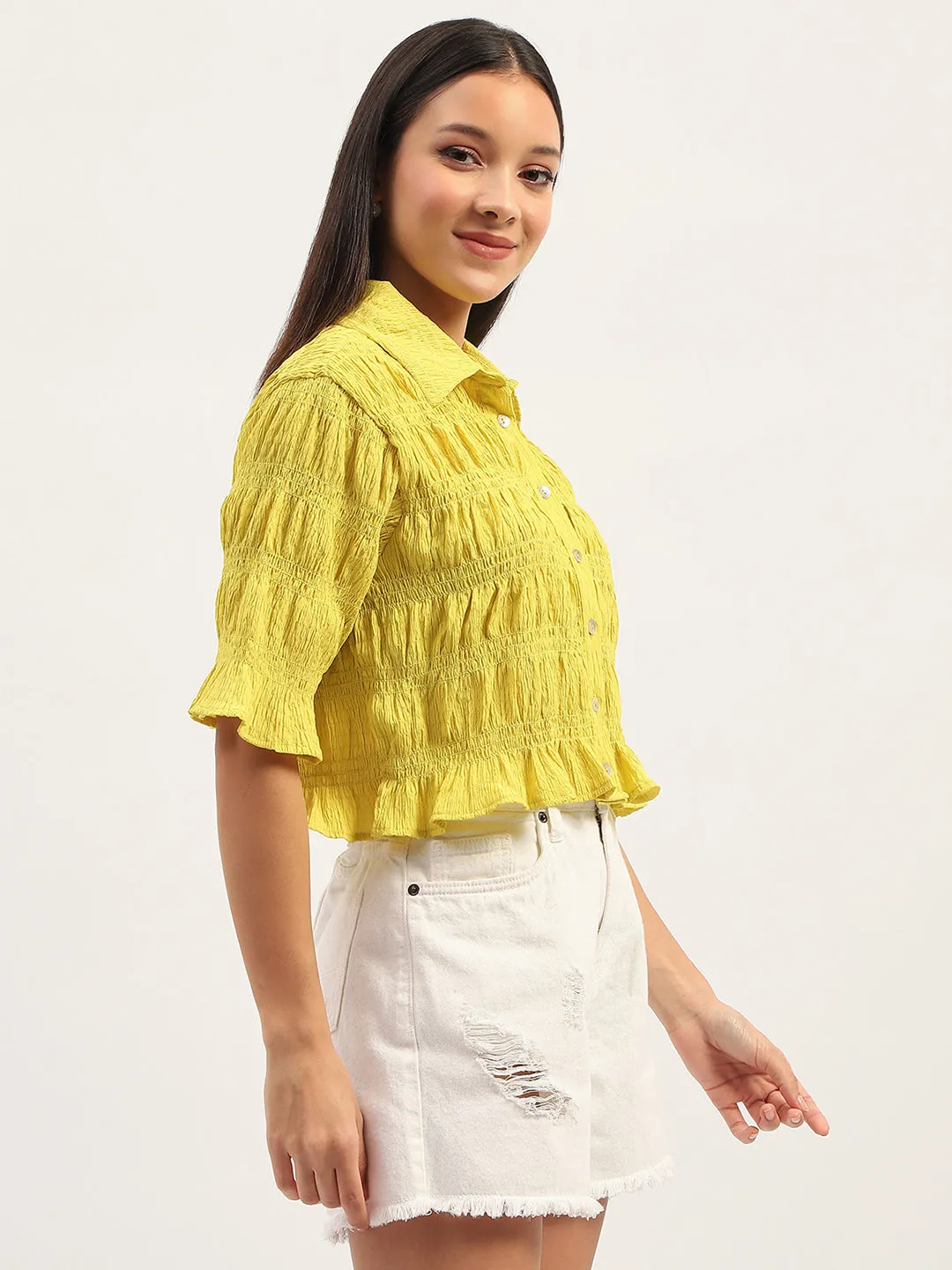 Madame Pleated Detailing Solid Lime Shirt Mature appeal