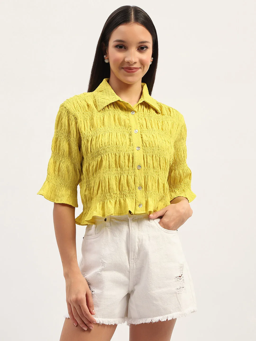 Madame Pleated Detailing Solid Lime Shirt Flexible Knit Casual Sophistication