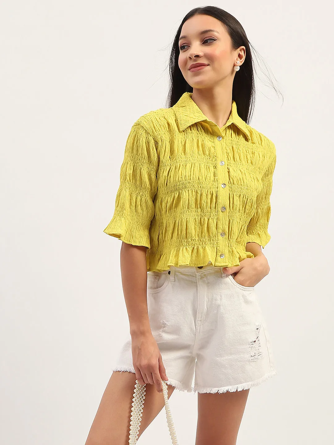 Bold colors Madame Pleated Detailing Solid Lime Shirt