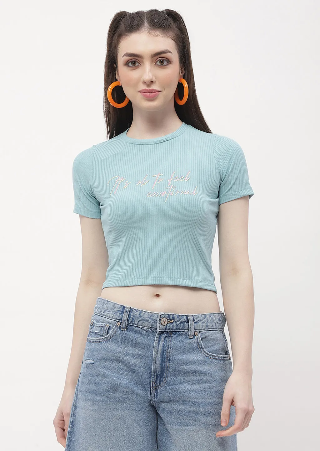 Chill Vibes Madame Typography Powder Blue Crop T-Shirt