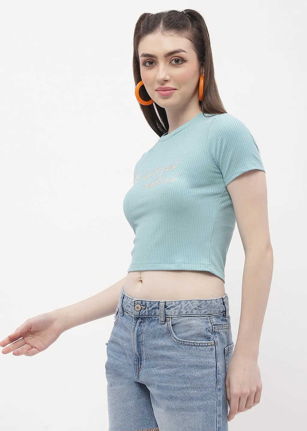 sequined details Madame Typography Powder Blue Crop T-Shirt