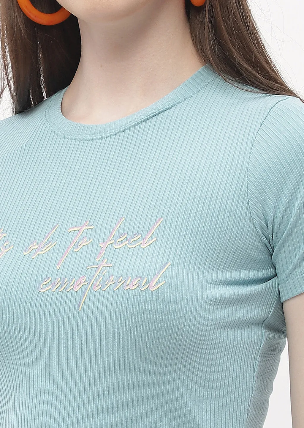 Versatile Wardrobe Piece comfortable option Madame Typography Powder Blue Crop T-Shirt