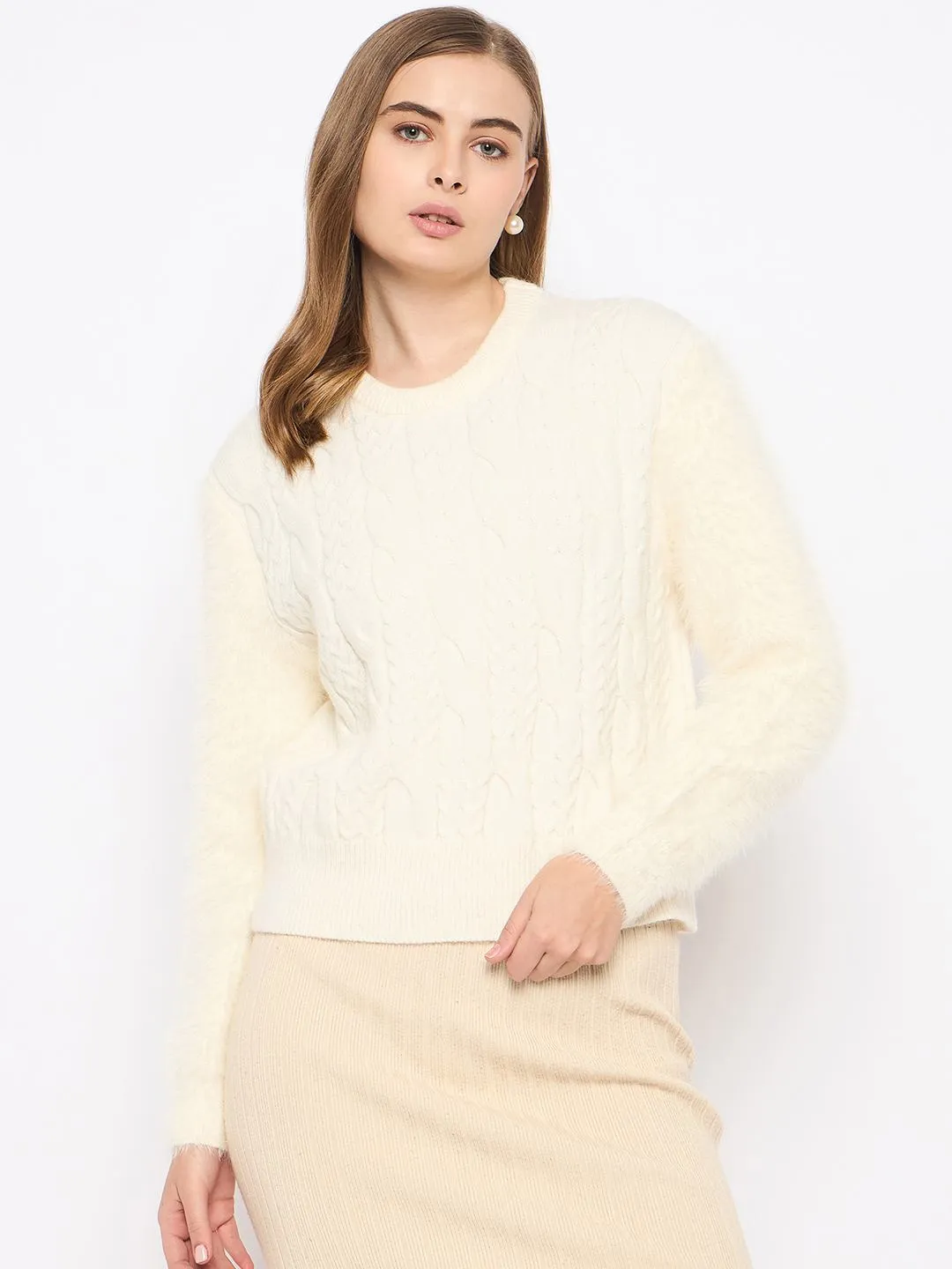 Madame Cable Knit Full Sleeve Off White Sweater Warm Wear