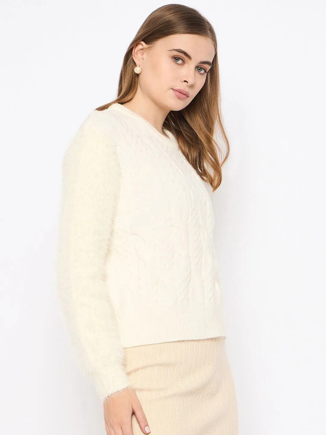 Madame Cable Knit Full Sleeve Off White Sweater Smart Layers Moisture Wicking Technology