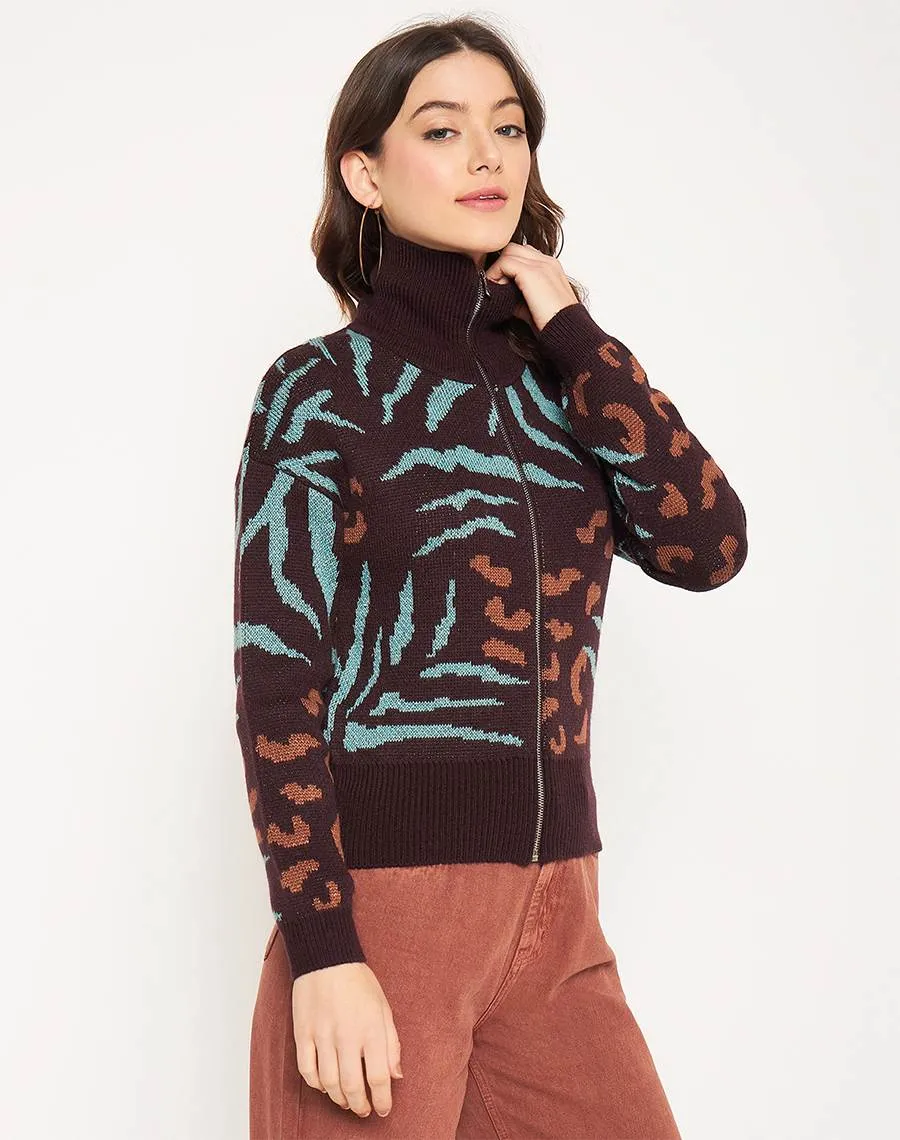 Warm and Snuggly High Neckline Madame Chocolate Printed Sweater