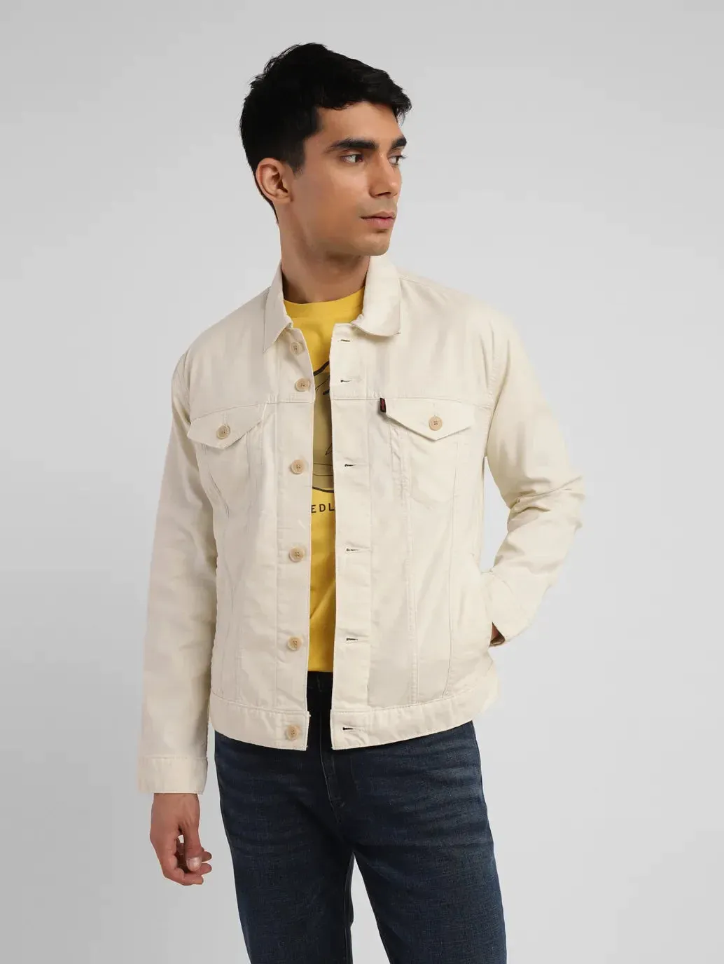 Men's Redloop Solid Cream Spread Collar Trucker Jacket Hike Fit All Purpose Outerwear