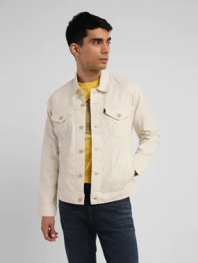 Anti Static Treatment Mid Length Design Men's Redloop Solid Cream Spread Collar Trucker Jacket