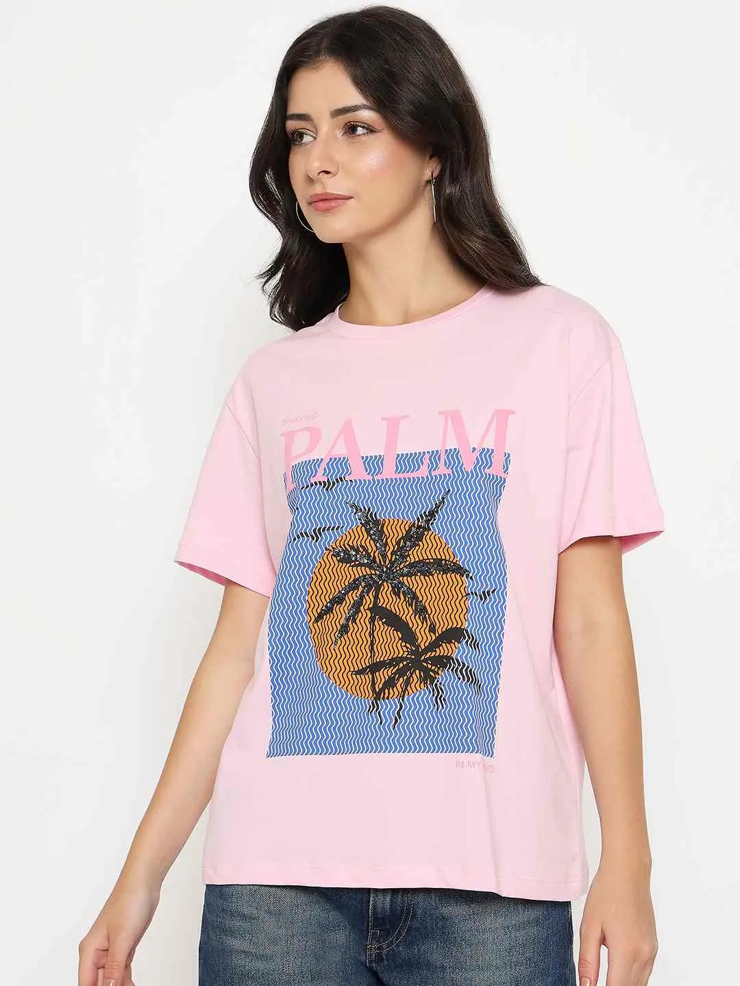 Madame Cotton Graphic Print Pink T-shirt Layered Hem Design Day-to-Day Comfort