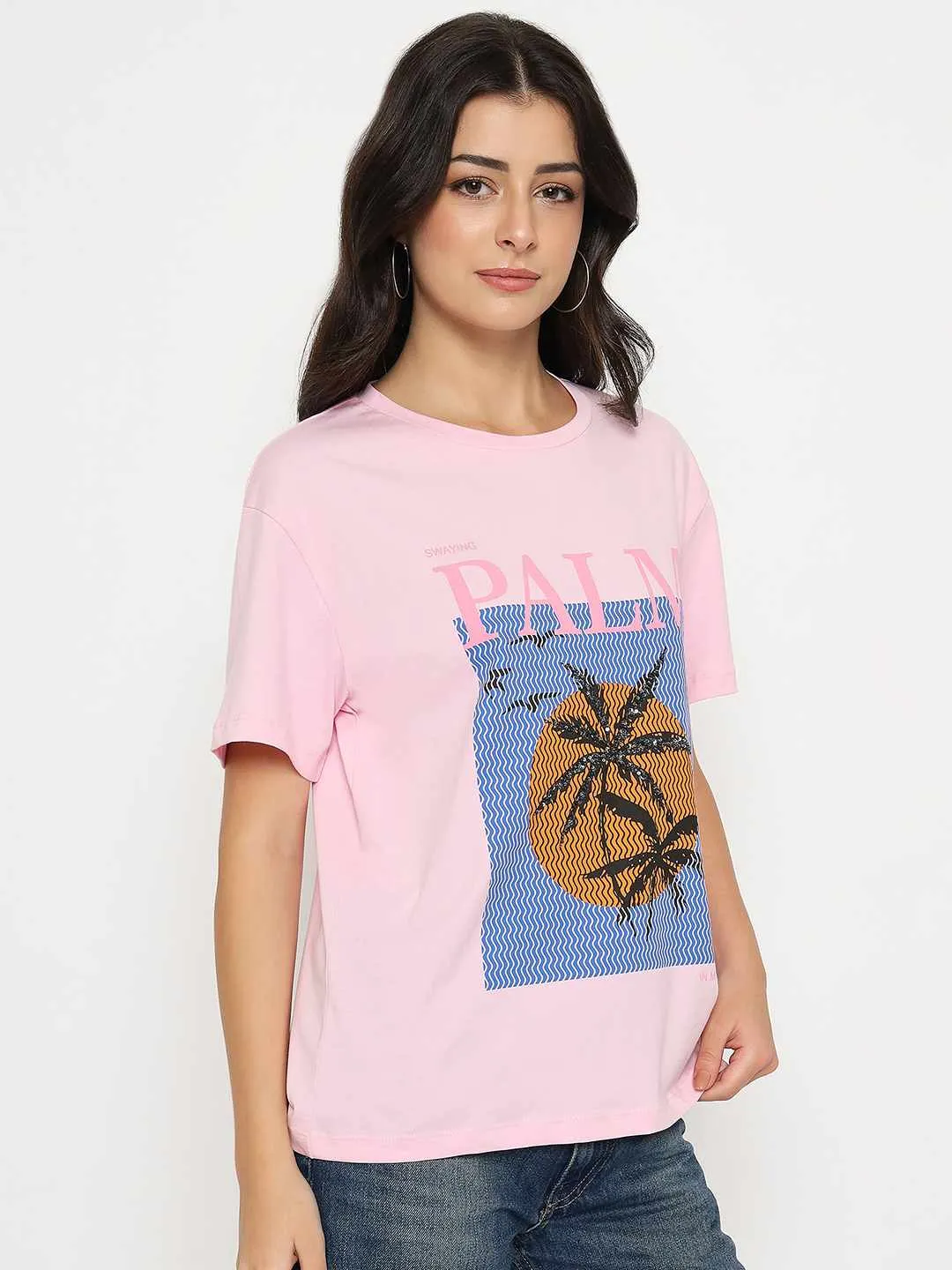 Elderly Comfort Roomy Comfort Madame Cotton Graphic Print Pink T-shirt