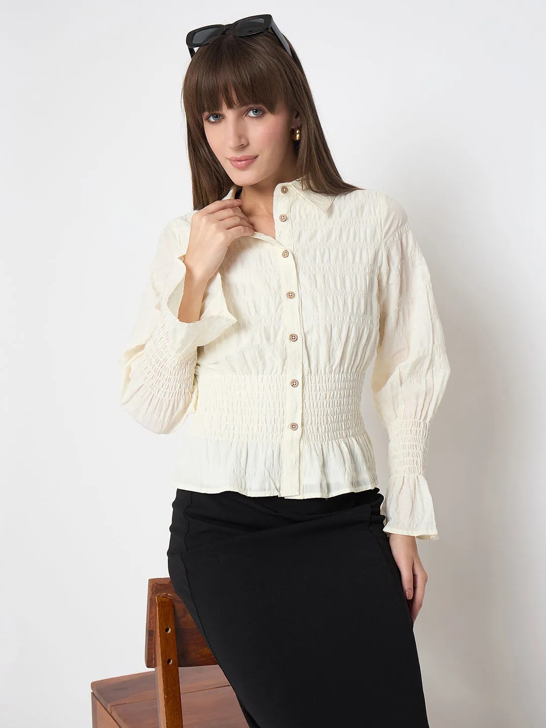 Madame Smocked Waist Off White Peplum Shirt Team Building