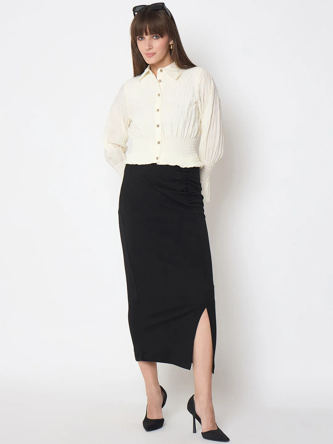 Quick Release Cuffs Printed design Madame Smocked Waist Off White Peplum Shirt