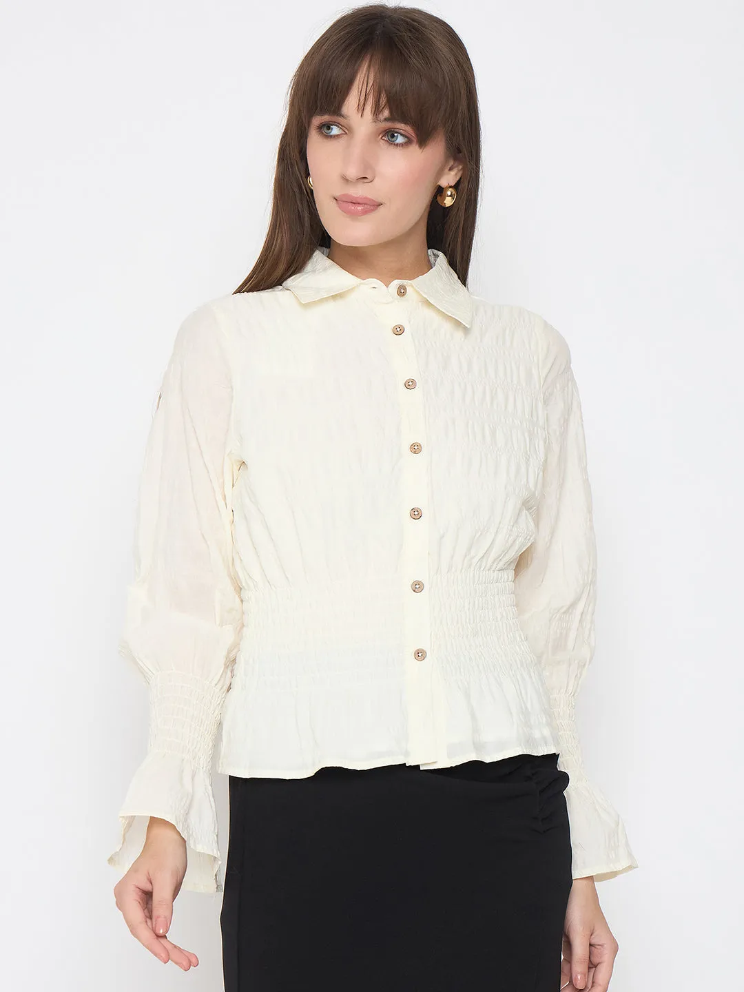 Perfect Wear Non-Iron Madame Smocked Waist Off White Peplum Shirt