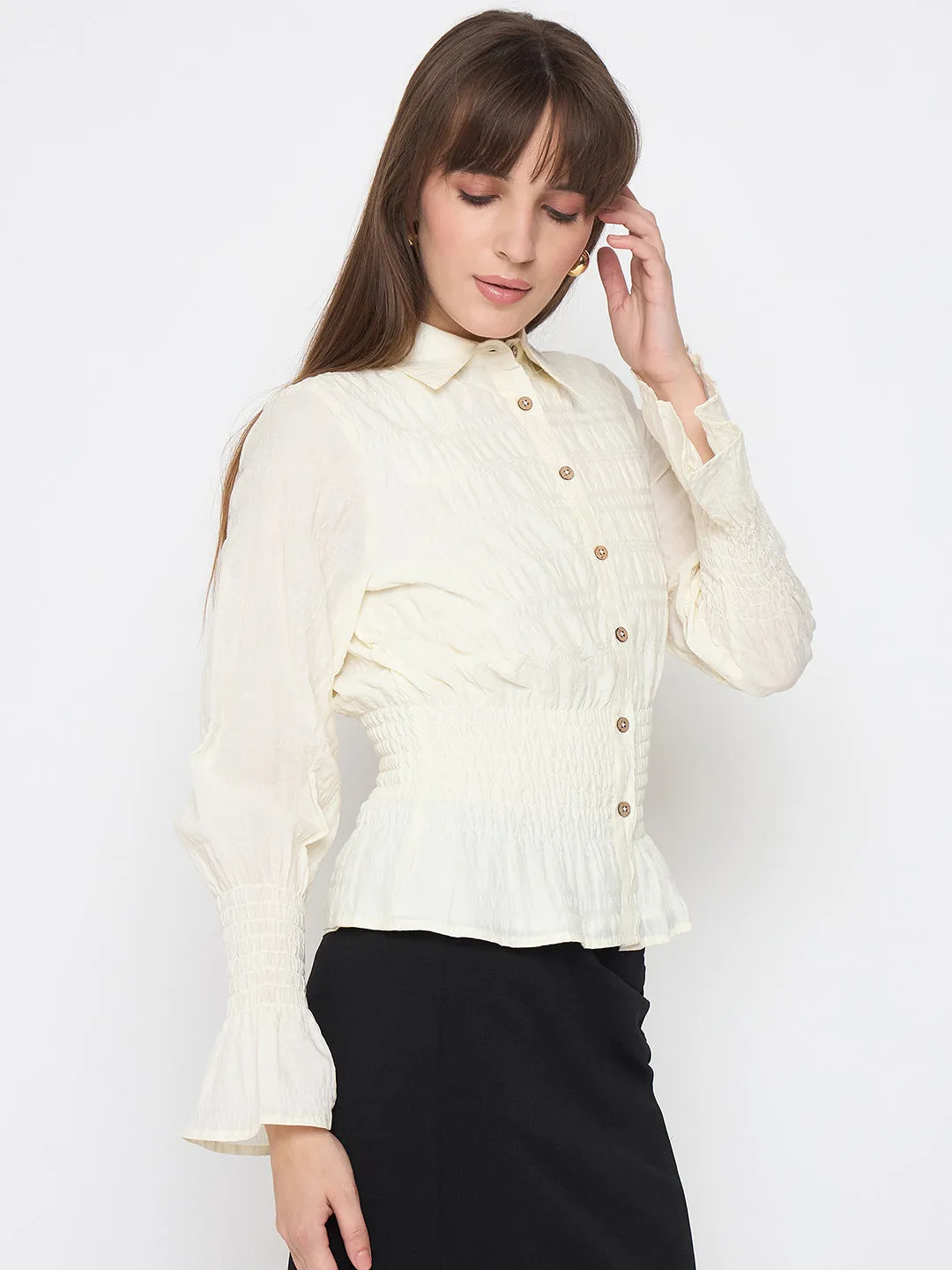 Madame Smocked Waist Off White Peplum Shirt Split hem Exclusive Collection