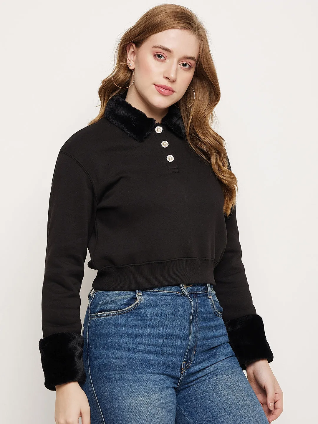 Madame Black Faux Fur Collared Crop Sweatshirt Cozy Design Cozy Fit