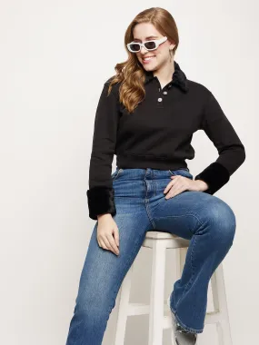 Seasonal Trend Madame Black Faux Fur Collared Crop Sweatshirt