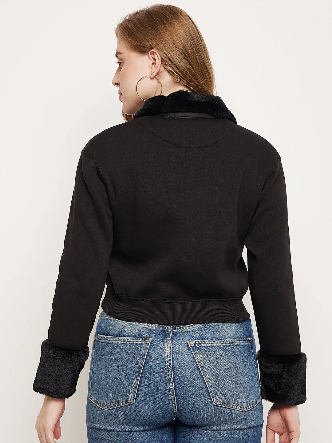 Madame Black Faux Fur Collared Crop Sweatshirt Anti Pilling