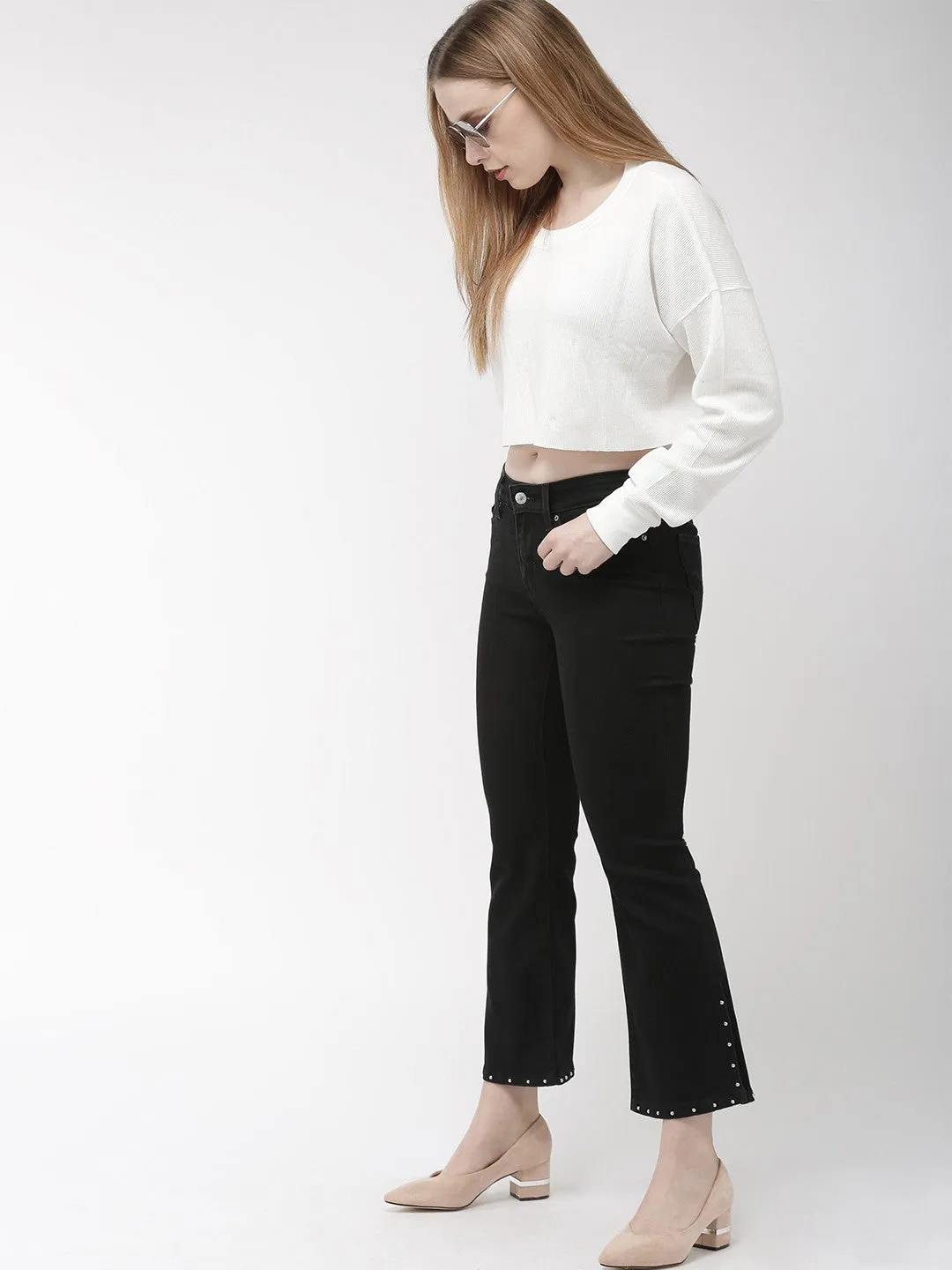 Women's 715 Black Flared Fit Mid Rise Jeans Outfit Combo Stylish Fit