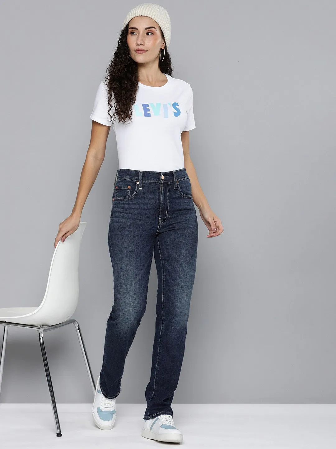 Women's 724 Blue Straight Fit High Rise Jeans Faded Wash Timeless Comfort