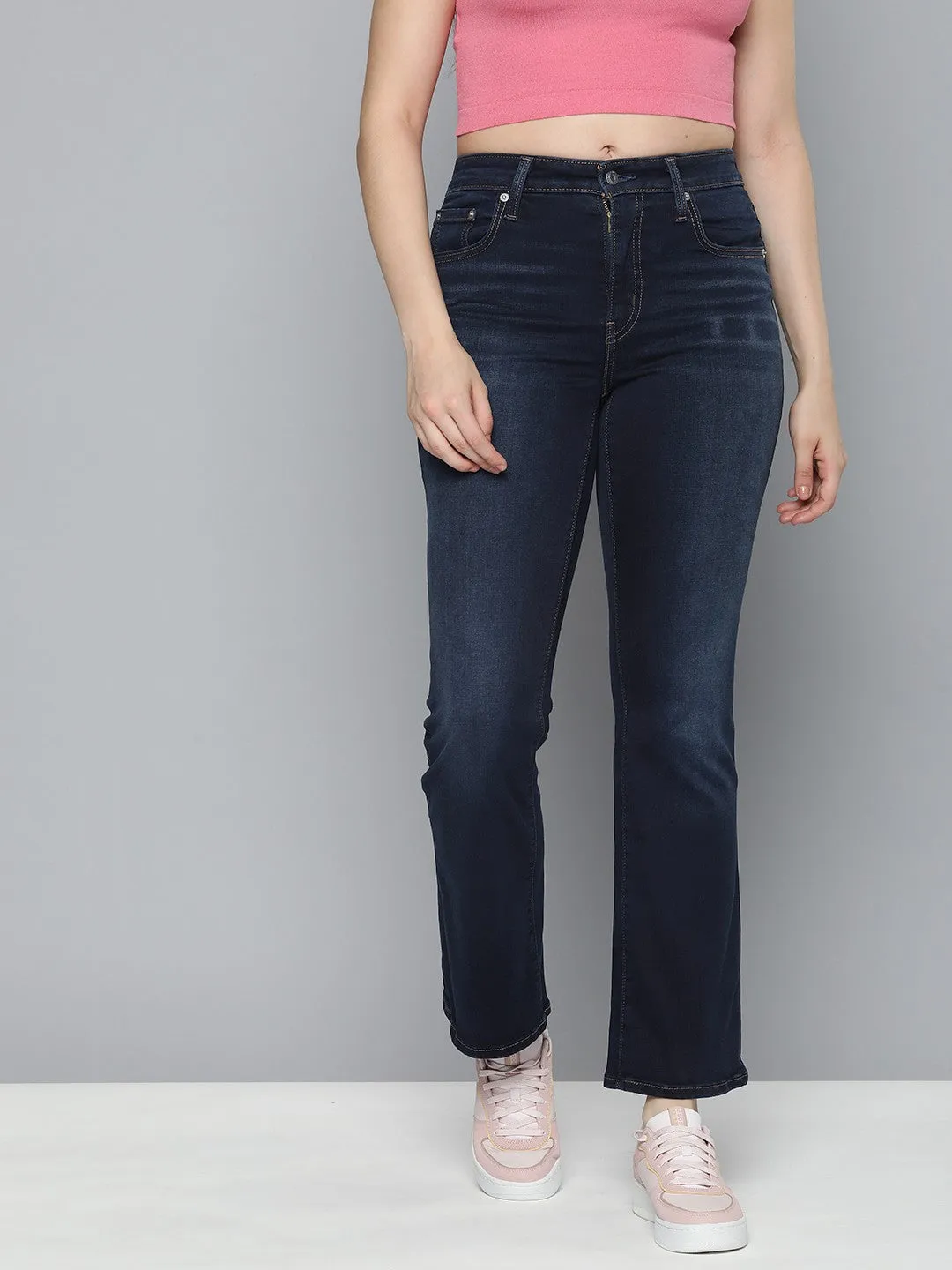 Women's 725 Blue Flared Fit High Rise Jeans Road Trip Bold Look Smart Casual Adjustable Belt Loops