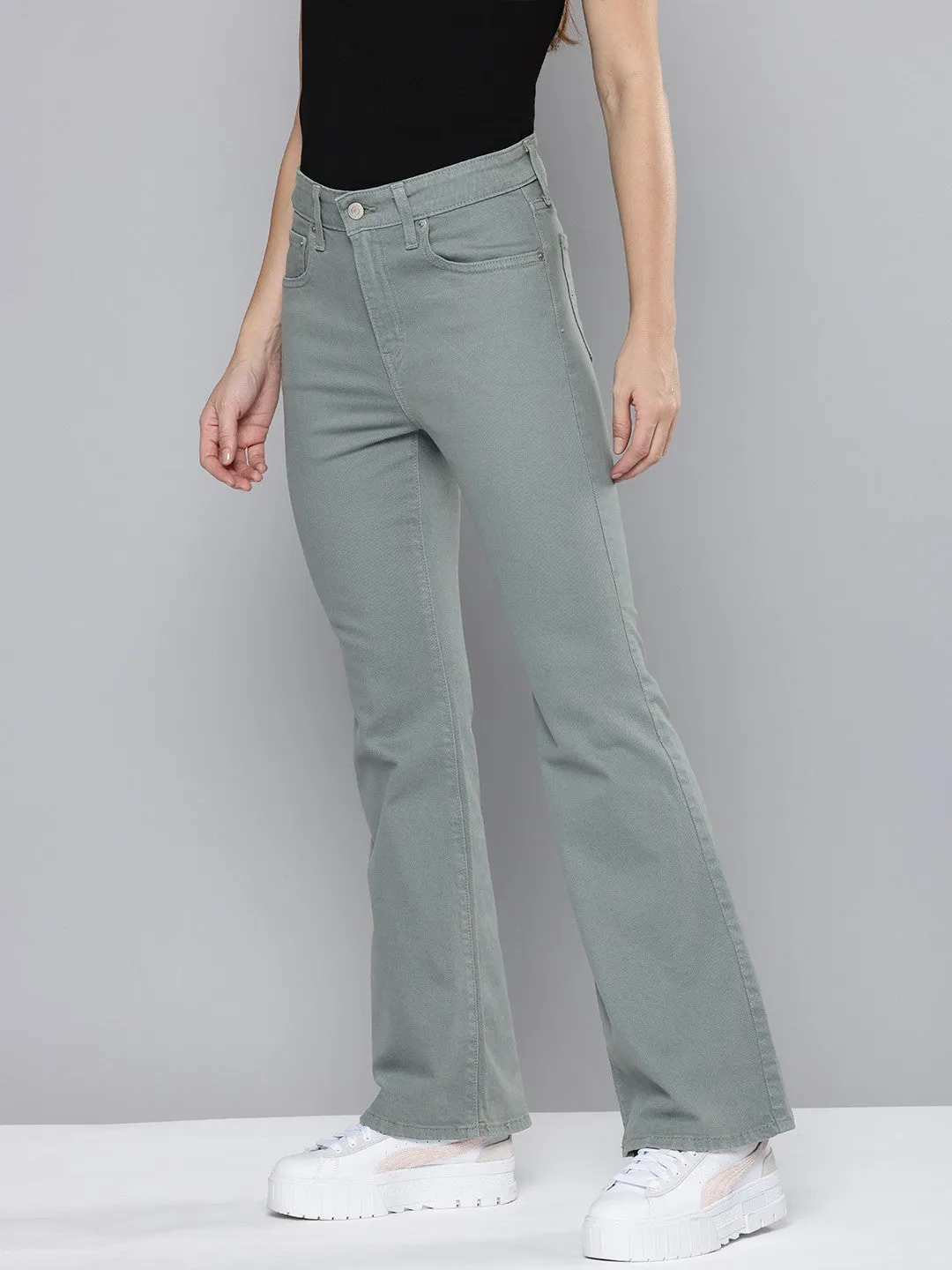 Women's 726 Grey Flared Fit Mid Rise Jeans Basic Necessity Trendy Waist