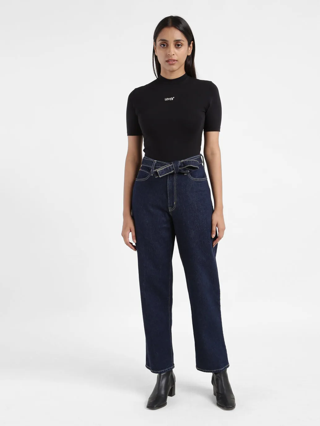 Women's 94 Navy Blue Baggy Fit Mid Rise Jeans Multi Layer Knee Reinforcement Sandblasted Finish