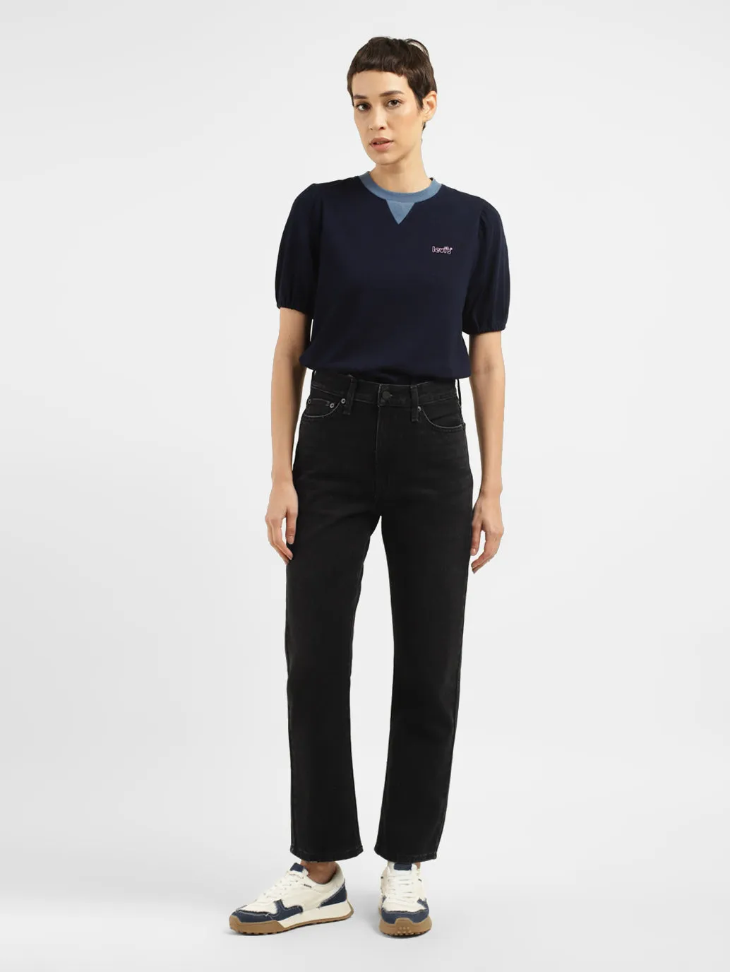 Women's Black Wedgie Straight Fit High Rise Jeans Premium Party Look Relaxed Waistband