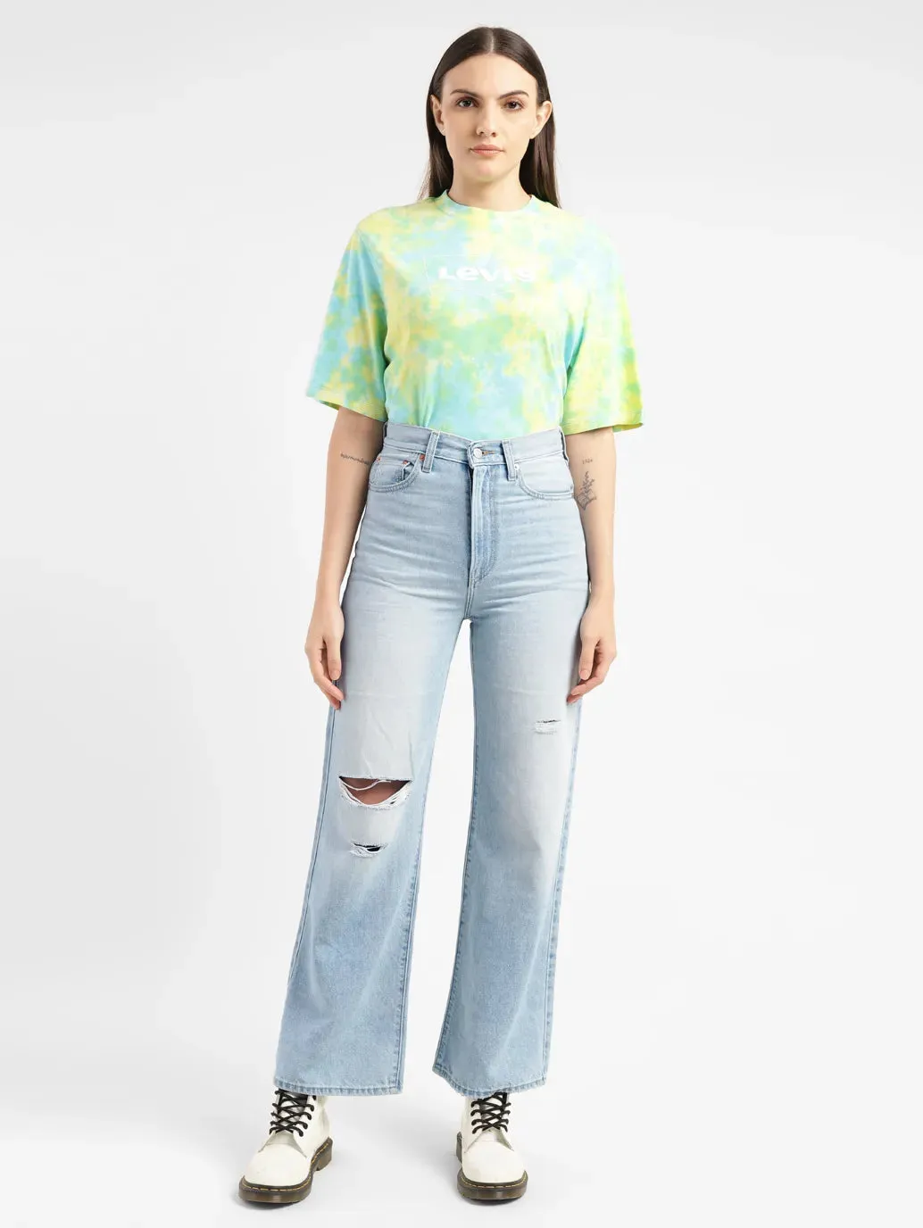 Stain Release Finish Go Anywhere Look Women's Blue Ribcage Bell Bottom Wide Leg Fit High Rise Jeans