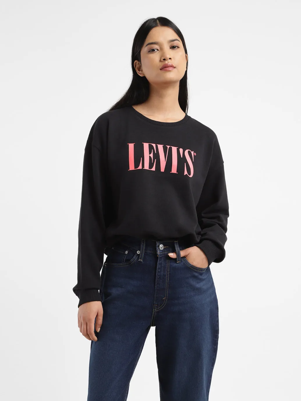 Women's Brand Logo Black Crew Neck Sweatshirt logoed