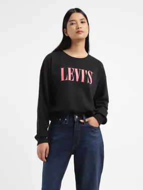 Snuggly Fit Relaxed Essentials Women's Brand Logo Black Crew Neck Sweatshirt