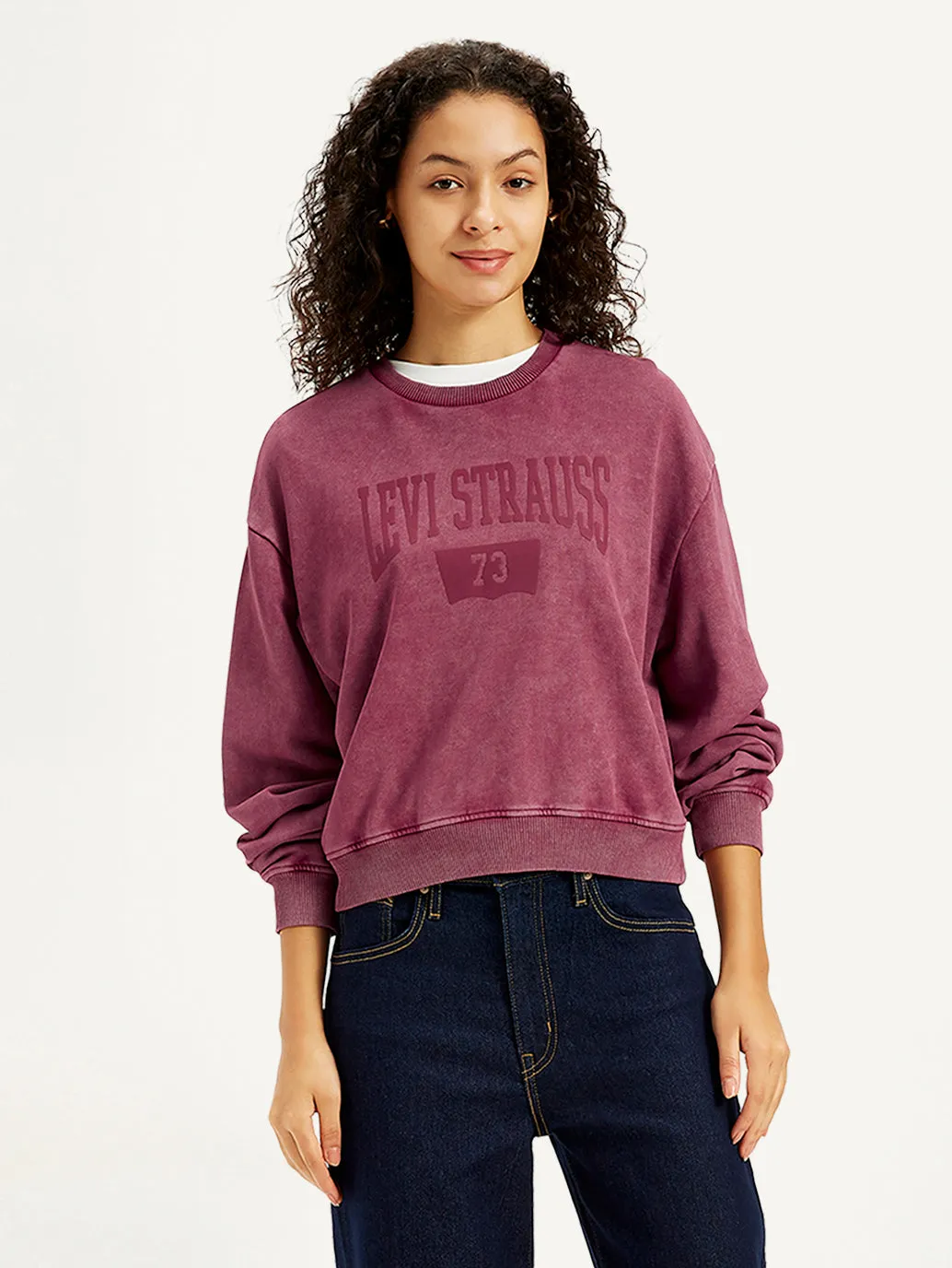 Women's Brand Logo Maroon Crew Neck Sweatshirt Cozy And Stylish Essential Wear