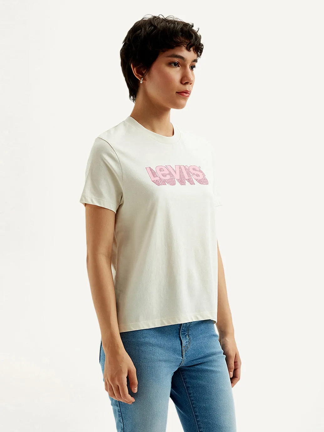 Women's Brand Logo Off-White Crew Neck T-Shirt Layering Essential
