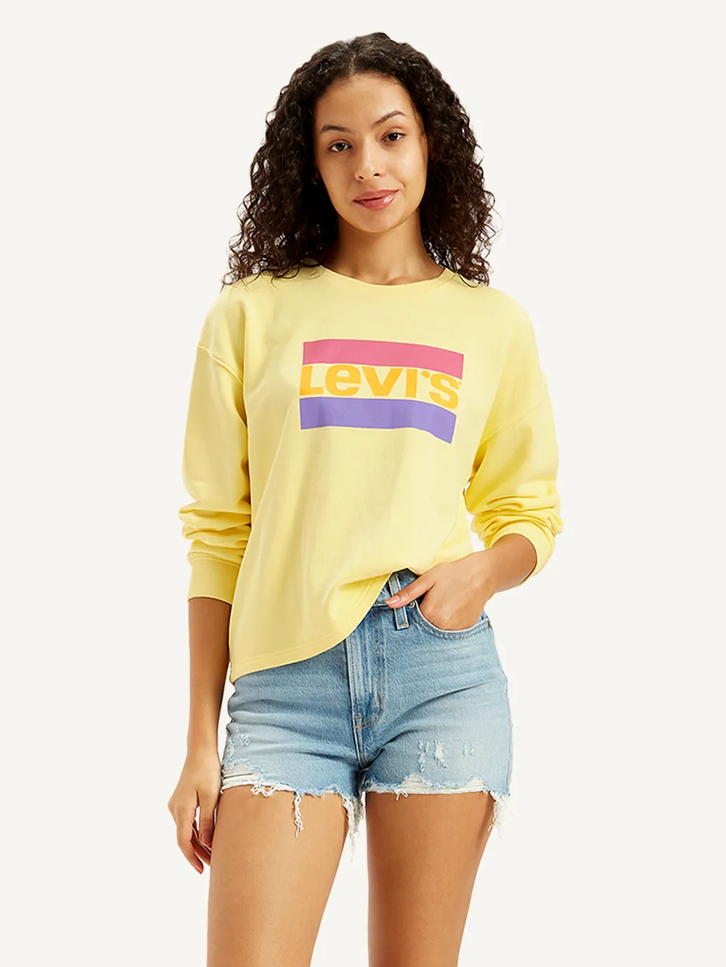 Women's Brand Logo Yellow Crew Neck Sweatshirt Casual Basics