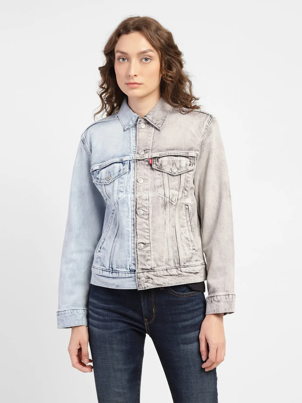 Women's Colorblock Spread Collar Denim Jacket Light Reflective