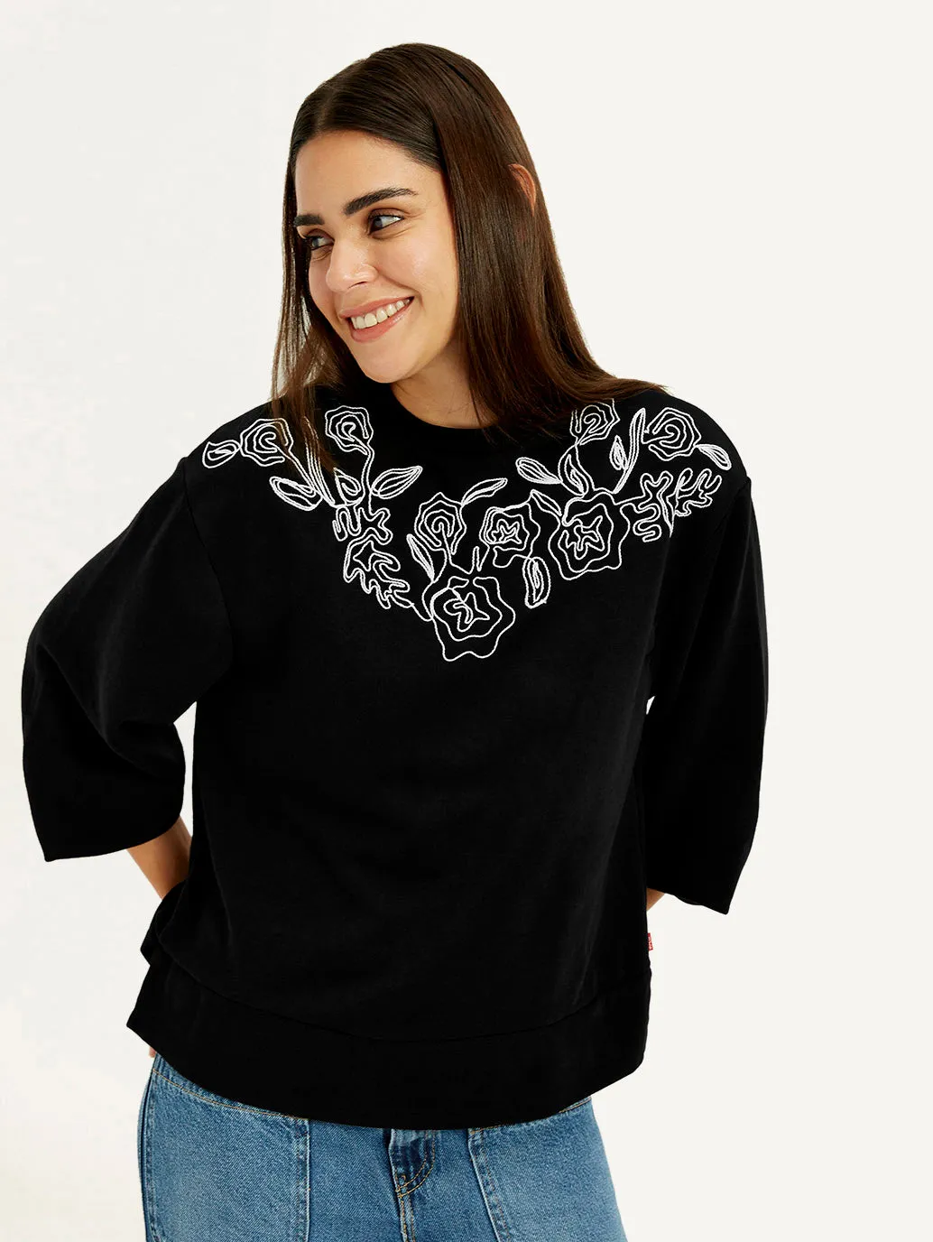 Women's Embroidered Black Oversized Crew Neck Sweatshirt Core Sporty product camping suitability
