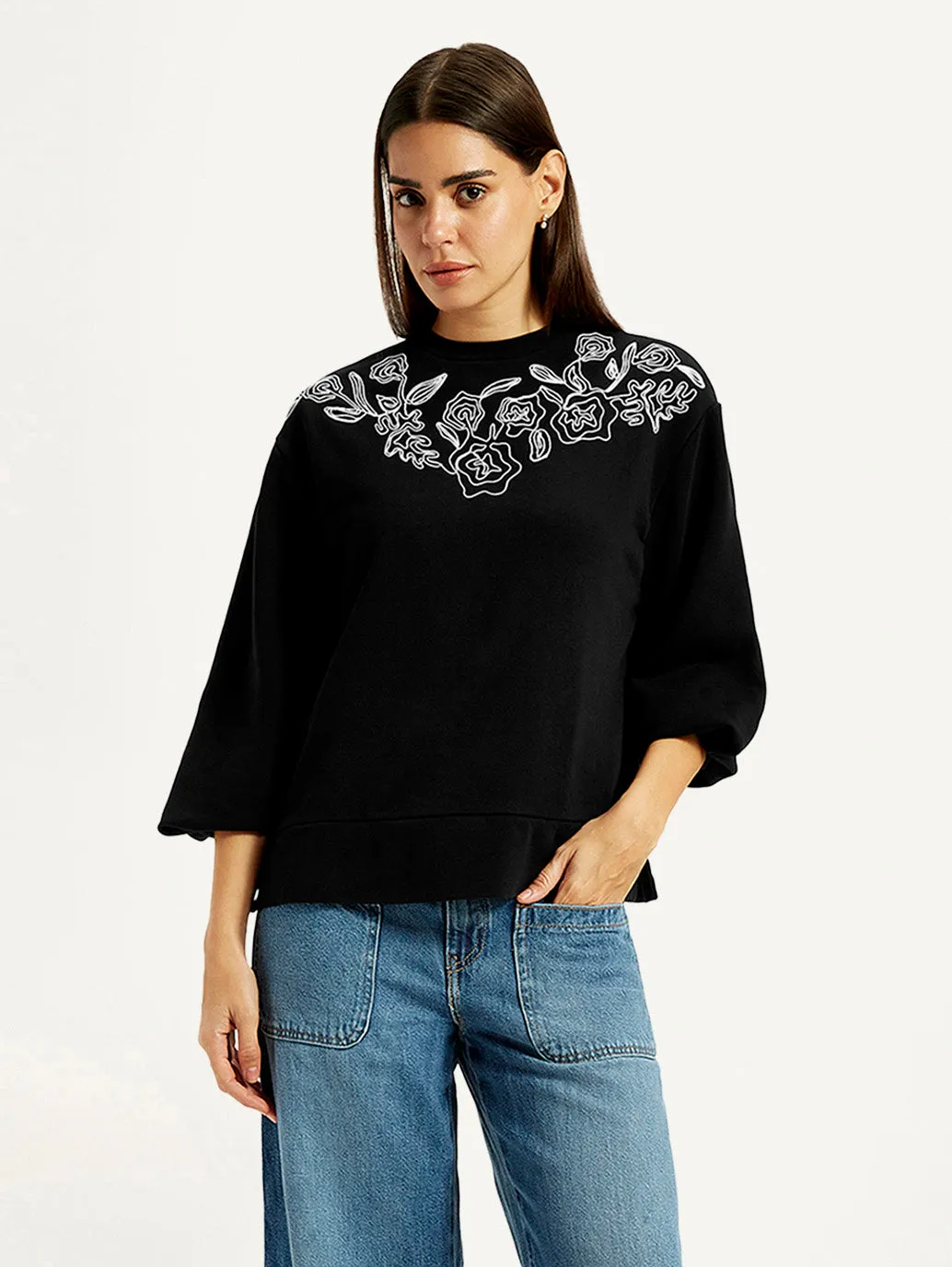 Women's Embroidered Black Oversized Crew Neck Sweatshirt Two-Tone Design product snowboarding suitability