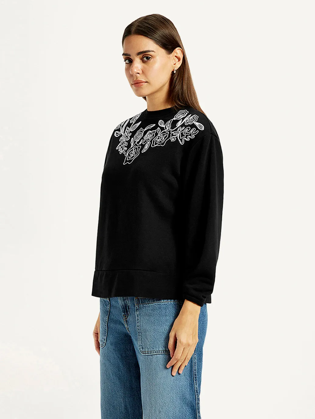 Women's Embroidered Black Oversized Crew Neck Sweatshirt UV resistant