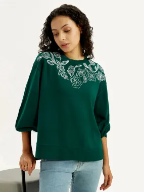 Women's Embroidered Dark Green Crew Neck Sweatshirt Effortless Look product personalization creativity
