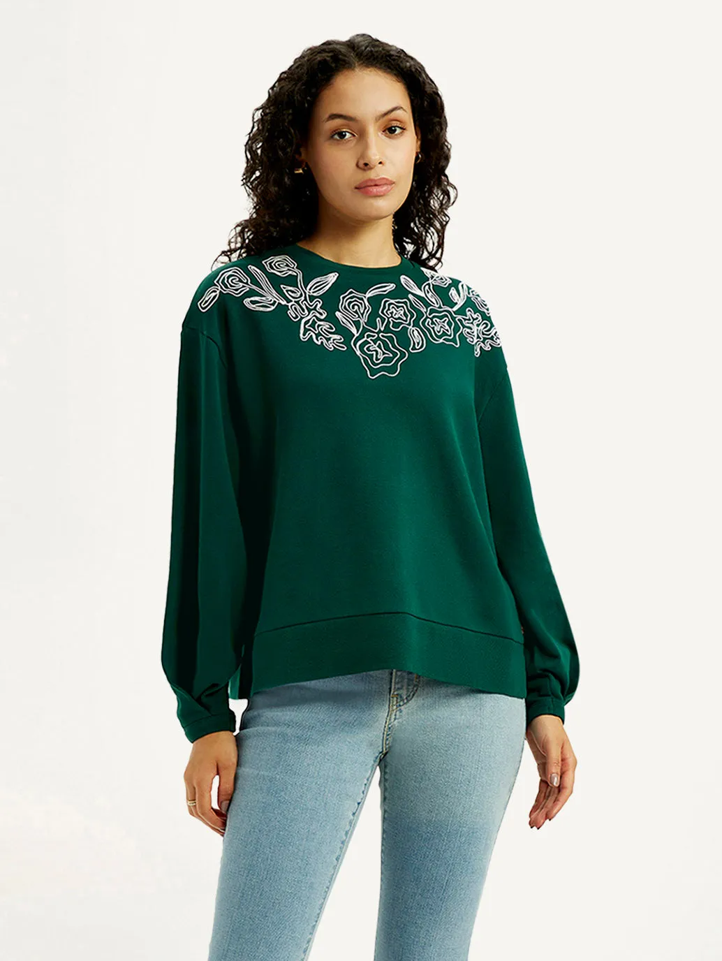 Women's Embroidered Dark Green Crew Neck Sweatshirt product keychain convenience Windproof Design