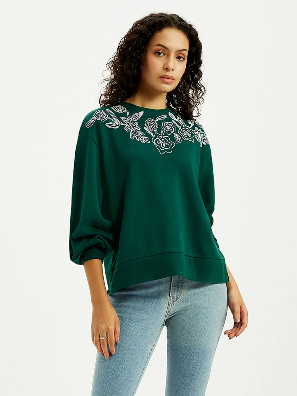 buckle accents Thermal Lining Women's Embroidered Dark Green Crew Neck Sweatshirt