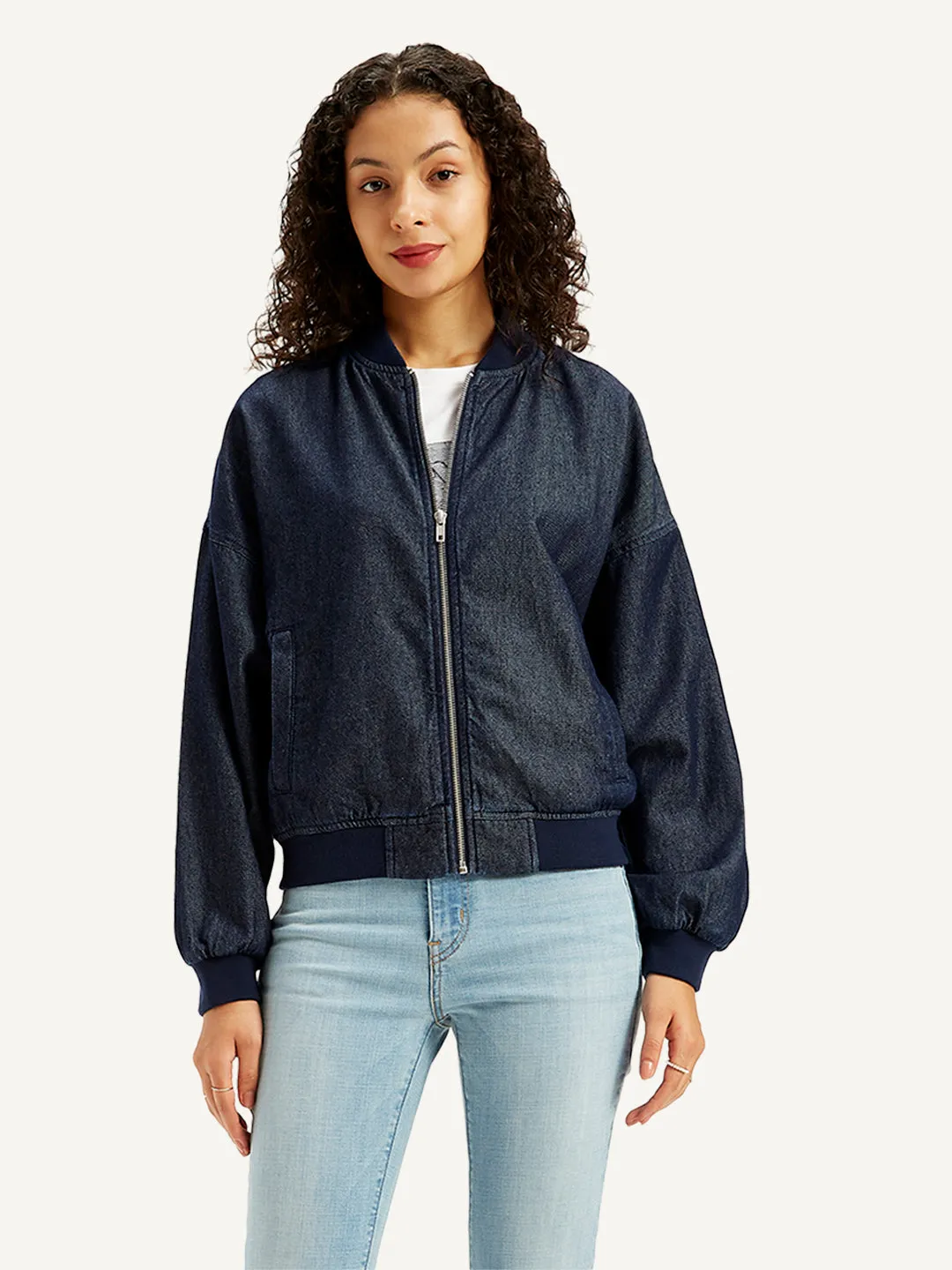 Wind Blocking Fabric Women's Embroidered Navy Bomber Jacket