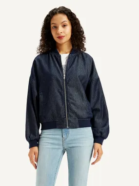 Women's Embroidered Navy Bomber Jacket Multi Layer Construction